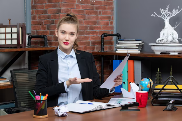 top-view-young-lady-sitting-table-holding-showing-document-office_140725-106110